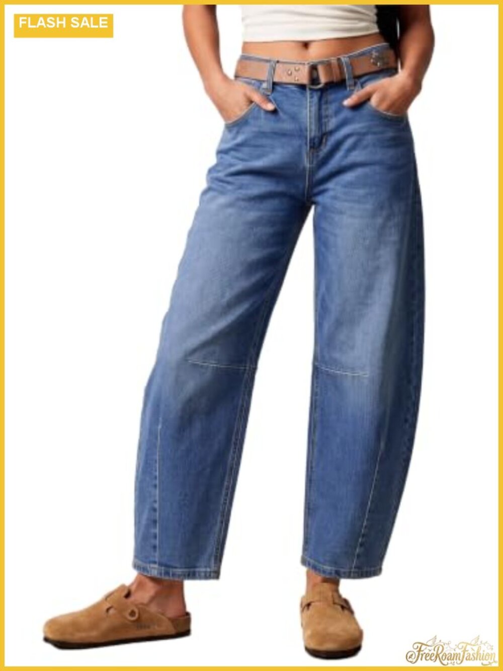 Women's Wide Leg Barrel Jeans Mid Rise Y2K Baggy Denim Pants